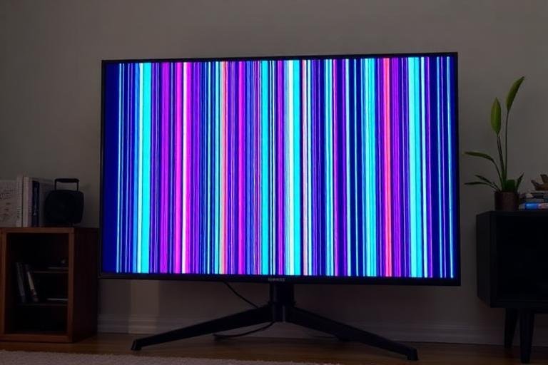 TV screen showing vertical coloured lines across the display