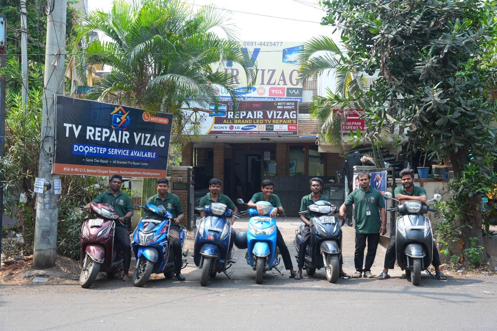 TV Repair Vizag technicians with their two-wheelers ready for doorstep TV service across Visakhapatnam